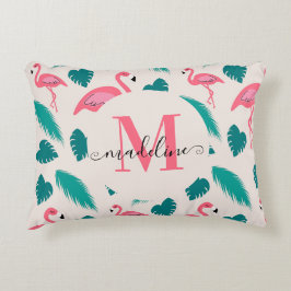 Tropische Bladeren Heet Roze Flamingo Modern Monog Accent Kussen