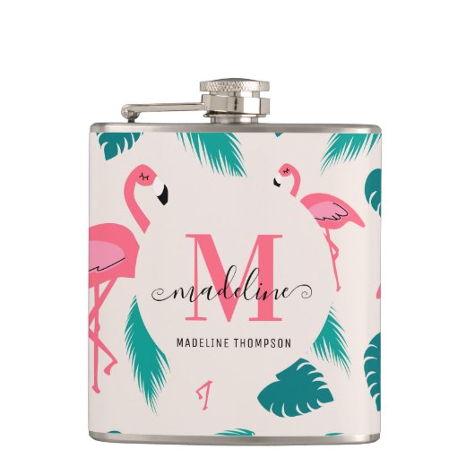 Tropische Bladeren Heet Roze Flamingo Modern Monog Heupfles (Voorkant)