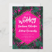 Tropische bladeren hete roze groene bruiloft kaart (Voorkant)