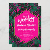 Tropische bladeren hete roze groene bruiloft kaart (Voorkant / Achterkant)