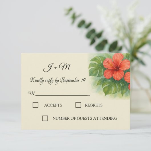 Tropische bladeren Hibiscus bloemen bruiloft RSVP (Staand voorkant)