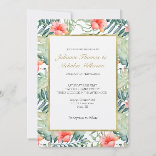 Tropische bladeren Hibiscus Bloemen Waterverf Brui Kaart (Voorkant)