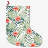 Tropische bladeren Hibiscus Bloemen Waterverf Grote Kerstsok (Voorkant)