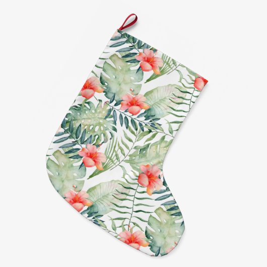 Tropische bladeren Hibiscus Bloemen Waterverf Grote Kerstsok (Voorkant (Hangend))