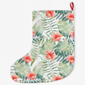 Tropische bladeren Hibiscus Bloemen Waterverf Grote Kerstsok (Achterkant)