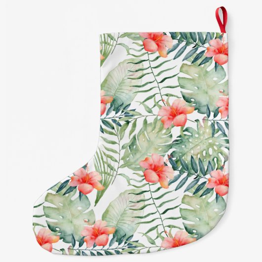 Tropische bladeren Hibiscus Bloemen Waterverf Grote Kerstsok (Achterkant)