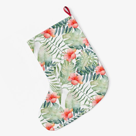 Tropische bladeren Hibiscus Bloemen Waterverf Grote Kerstsok (Achterkant (Hangend))