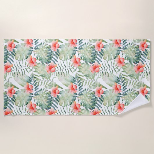 Tropische bladeren Hibiscus Bloemen Waterverf Strandlaken (Voorkant)