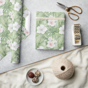 Tropische Bladeren Hibiscus Bloemrijke Bruiloft Fe Cadeaupapier