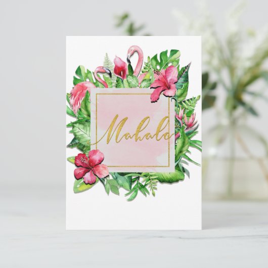 Tropische bladeren Hibiscus Flamingo Mahalo Dank u Bedankkaart (Staand voorkant)