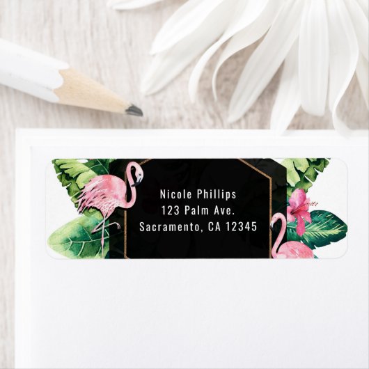 Tropische bladeren Hibiscus Flamingo's Uitnodiging Etiket (Insitu)