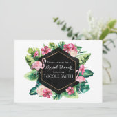 Tropische bladeren Hibiscus Flamingos Uitnodiginge Kaart (Staand voorkant)