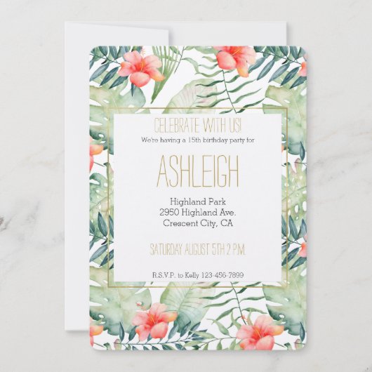 Tropische bladeren Hibiscus Floral Waterverf Kaart (Voorkant)