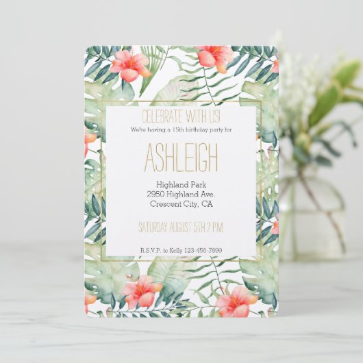 Tropische bladeren Hibiscus Floral Waterverf Kaart (Staand voorkant)