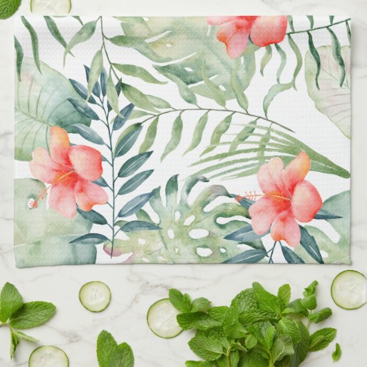 Tropische bladeren Hibiscus Floral Waterverf Theedoek (Gevouwen)