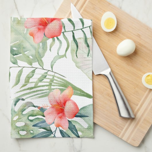 Tropische bladeren Hibiscus Floral Waterverf Theedoek (Quarter Fold)