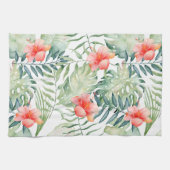 Tropische bladeren Hibiscus Floral Waterverf Theedoek (Horizontaal)
