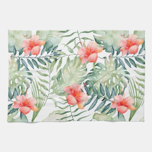 Tropische bladeren Hibiscus Floral Waterverf Theedoek (Horizontaal)
