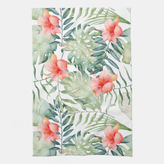 Tropische bladeren Hibiscus Floral Waterverf Theedoek (Verticaal)