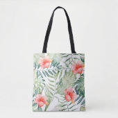 Tropische bladeren Hibiscus Floral Waterverf Tote Bag (Voorkant)
