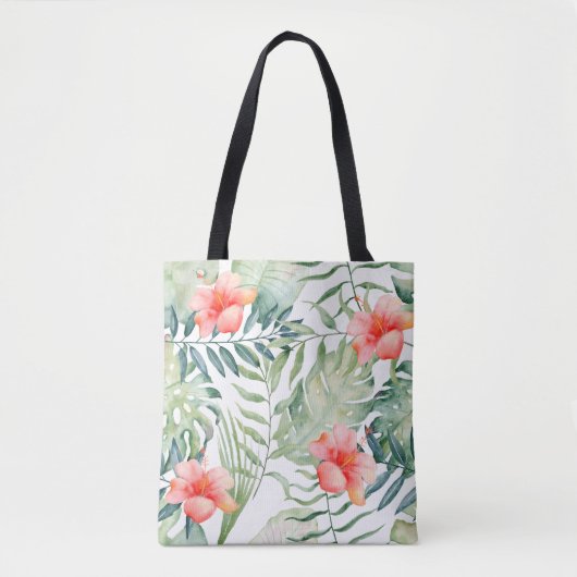 Tropische bladeren Hibiscus Floral Waterverf Tote Bag (Voorkant)