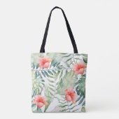 Tropische bladeren Hibiscus Floral Waterverf Tote Bag (Achterkant)