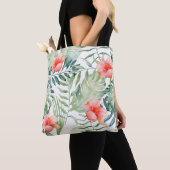 Tropische bladeren Hibiscus Floral Waterverf Tote Bag (Dichtbij)