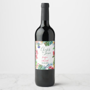 Tropische bladeren Hibiscus Hawaïaanse bruiloft Wijn Etiket