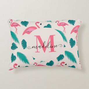 Tropische bladeren Hot Pink Flamingo Modern Monogr Accent Kussen