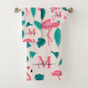 Tropische bladeren Hot Pink Flamingo Modern Monogr Bad Handdoek