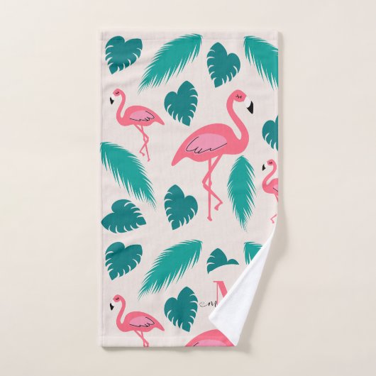 Tropische bladeren Hot Pink Flamingo Modern Monogr Bad Handdoek (Handdoek)