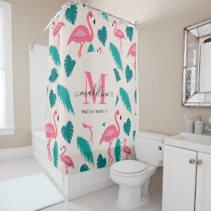 Tropische bladeren Hot Pink Flamingo Modern Monogr Douchegordijn