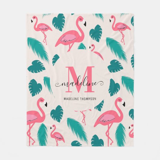 Tropische bladeren Hot Pink Flamingo Modern Monogr Fleece Deken (Voorkant)