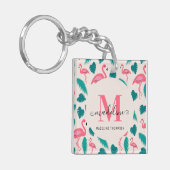 Tropische bladeren Hot Pink Flamingo Modern Monogr Sleutelhanger (Voorkant Links)