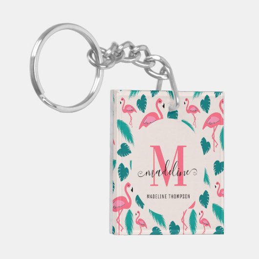 Tropische bladeren Hot Pink Flamingo Modern Monogr Sleutelhanger (Voorkant Links)