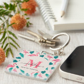 Tropische bladeren Hot Pink Flamingo Modern Monogr Sleutelhanger (Voorkant Rechts)