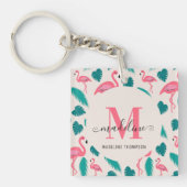 Tropische bladeren Hot Pink Flamingo Modern Monogr Sleutelhanger (Voorkant)
