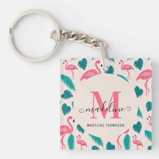 Tropische bladeren Hot Pink Flamingo Modern Monogr Sleutelhanger (Voorkant)