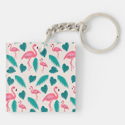 Tropische bladeren Hot Pink Flamingo Modern Monogr Sleutelhanger (Achterkant)