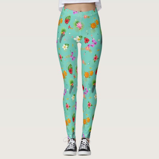 Tropische bladeren in Turquoise Leggings (Voorkant)