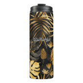 Tropische bladeren in zwart en goud thermosbeker (Voorkant)