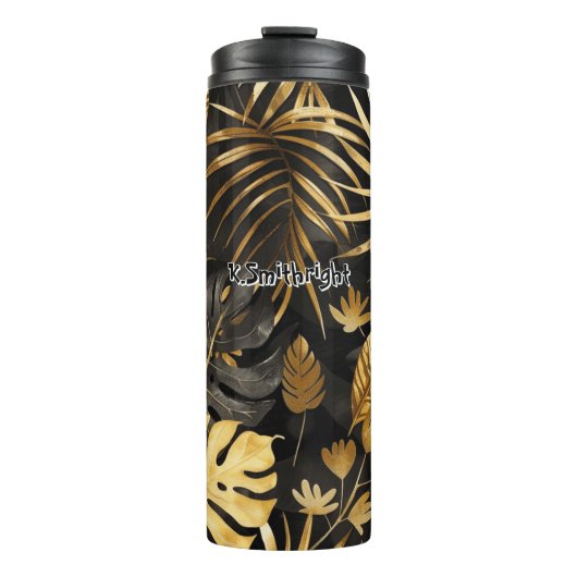 Tropische bladeren in zwart en goud thermosbeker (Voorkant)