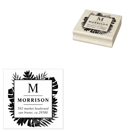 Tropische bladeren Initiaal familienaam retouradre Rubberstempel (Gestempeld)