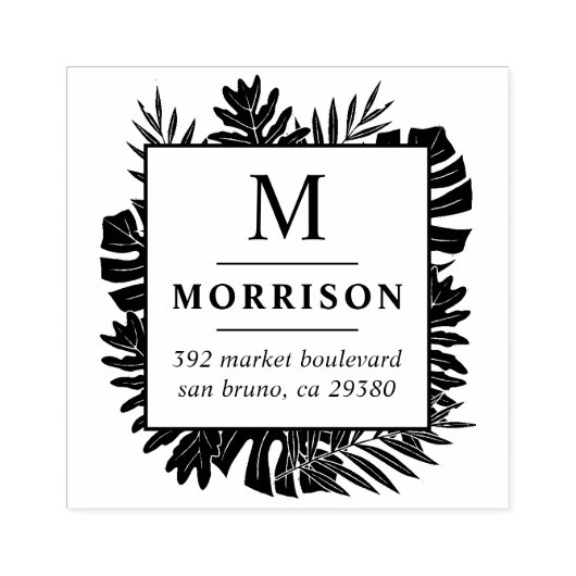 Tropische bladeren Initiaal familienaam retouradre Rubberstempel (Afrduk)