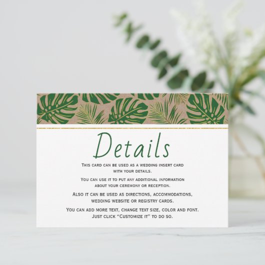 Tropische bladeren kraft paper bruiloft insert car informatiekaartje (Staand voorkant)