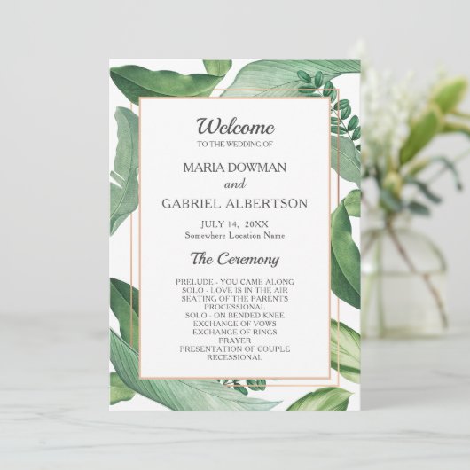 Tropische bladeren Lijst. Botanische bruiloft Programmakaart (Staand voorkant)
