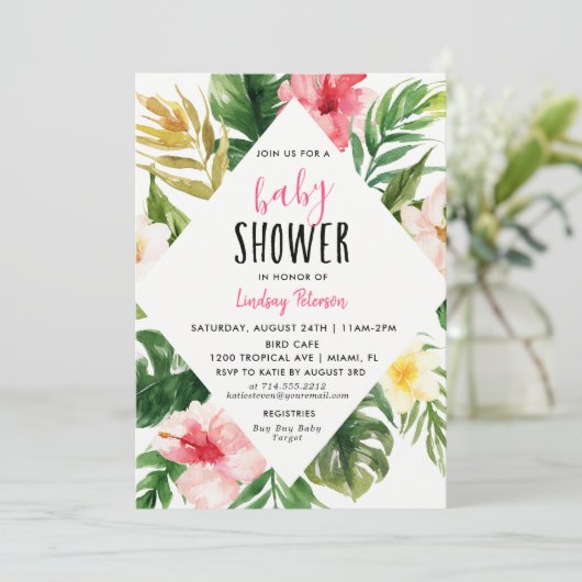 Tropische Bladeren Luau Baby Shower Uitnodigingska Kaart (Staand voorkant)