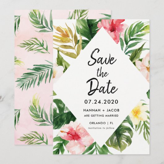Tropische bladeren Luau bruiloft Save the Dates Ka Kaart (Voorkant / Achterkant)