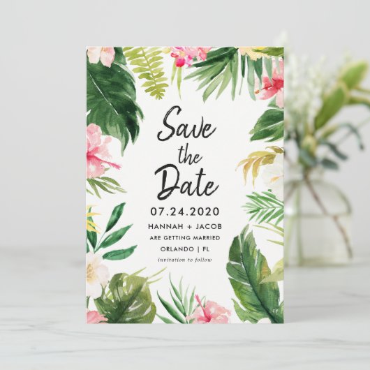 Tropische bladeren Luau bruiloft Save the Dates Ka Kaart (Staand voorkant)