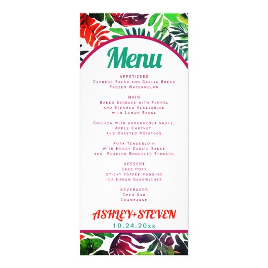 Tropische bladeren maximalistische bruiloft menuka reclamekaart (Voorkant)